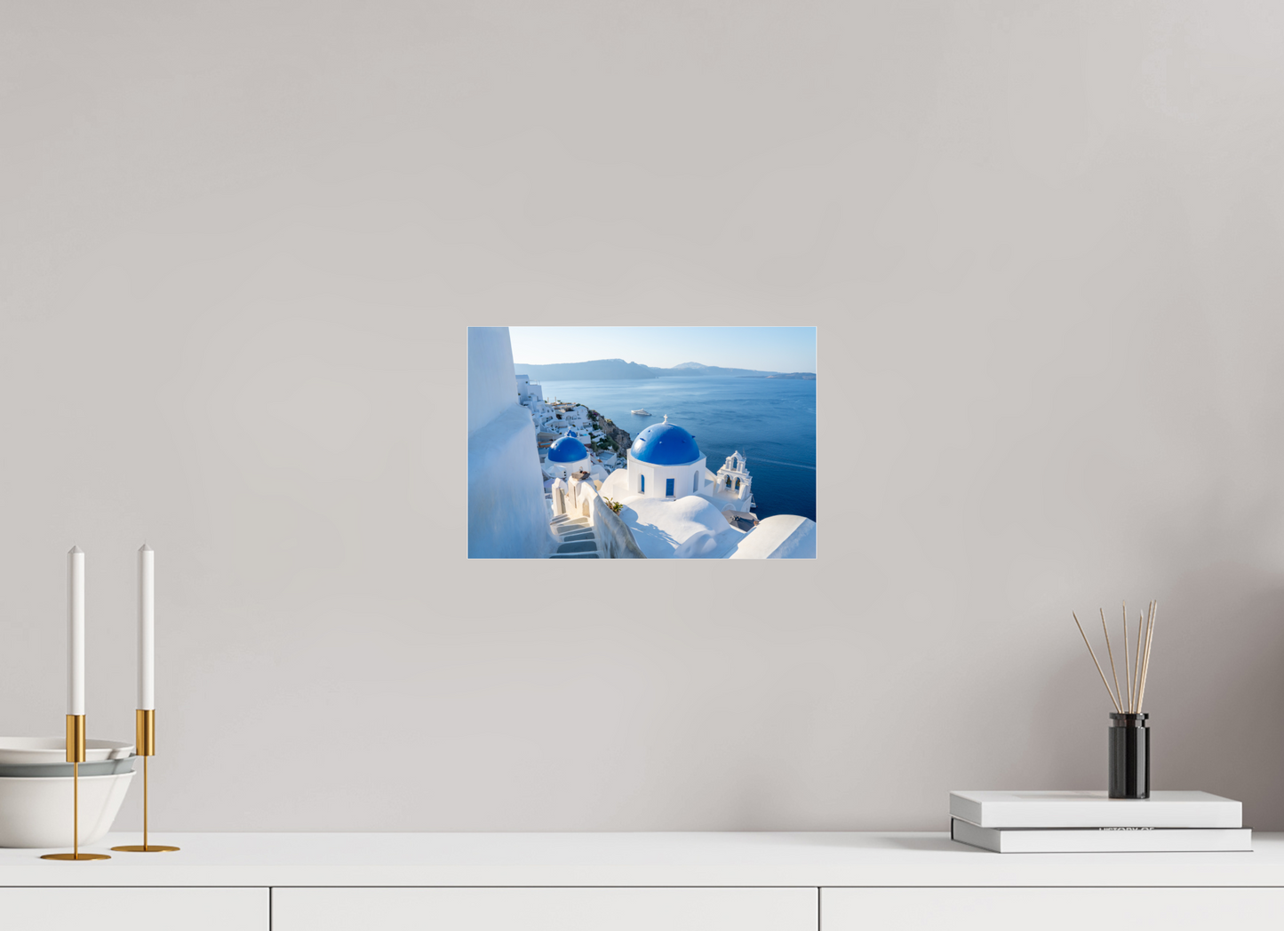 12 x 8″, Acrylic Glass 0.08mm Fuji Crystal Archive DP II The Blue Domes of Oía